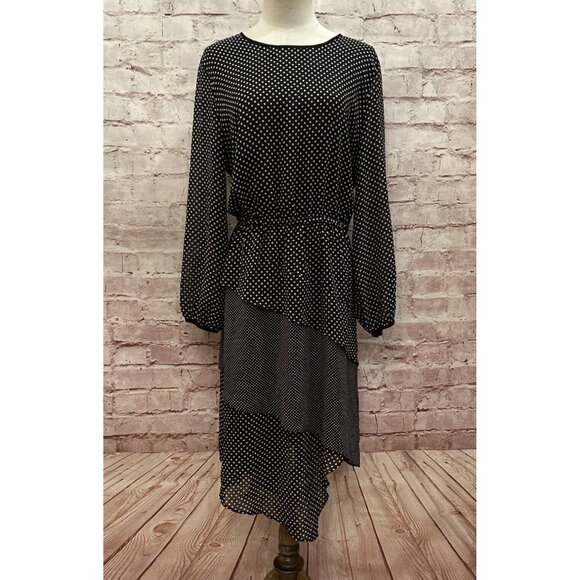 DKNY Womens Black Polka Dot Midi Sheath Dress Long Sleeve Polyester Size M - Picture 1 of 5